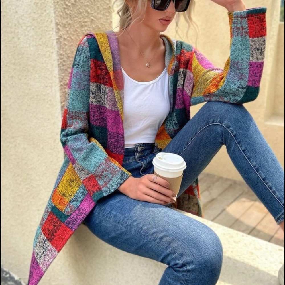 Cozy Boho Plaid Color Block Pocket Hoodie Hooded Sweater Vibrant Colorful - Picture 3 of 8